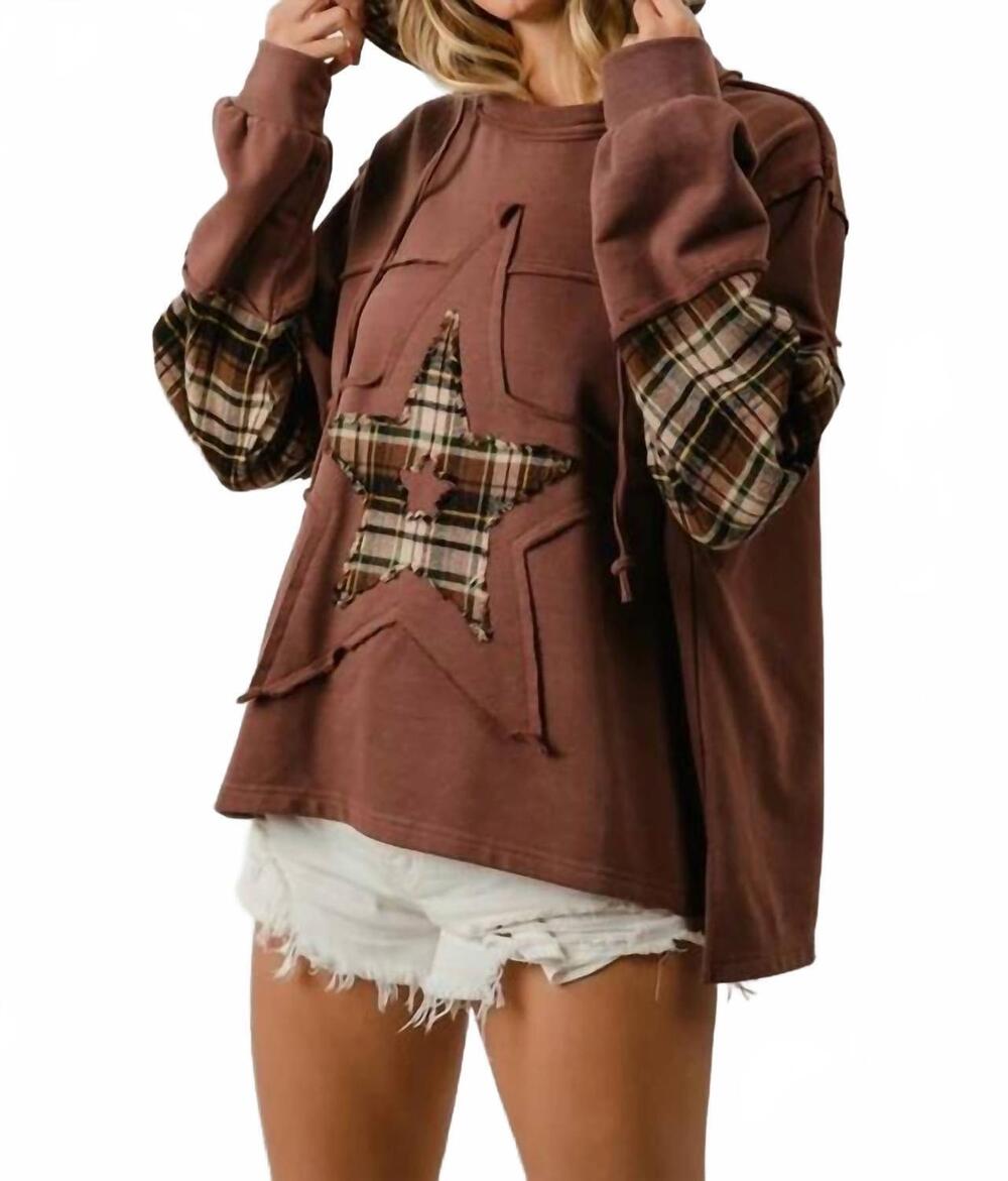 NEW BIBI star memories long sleeve hooded top in brown